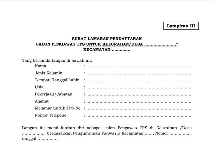 Contoh Surat Lamaran Pendaftaran Pengawas Tps Pemilu Dan Link