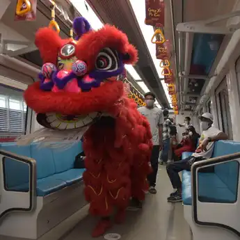 Wow! Ada Pertunjukan Barongsai di Dalam LRT