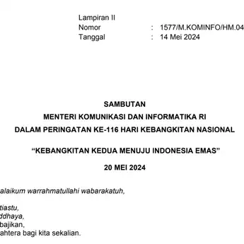 Pidato Sambutan Hari Kebangkitan Nasional 2024 dari Menkominfo