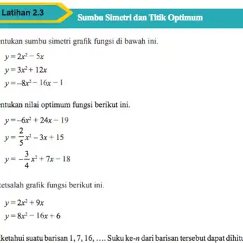 Kunci Jawaban Matematika Kelas 9 Halaman 102, Sumbu Simetri dan Titik Optimum