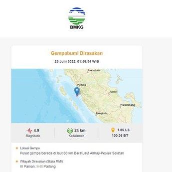Gempa M 4,9 Guncang Pesisir Selatan Sumbar, BMKG: Dirasakan di Padang dan Painan