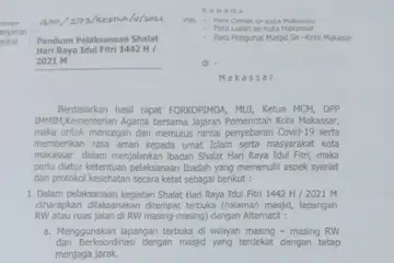 Surat edaran panduan salat idul fitri 1442/2021 M di Makassar