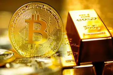 Ilustrasi emas versus bitcoin.