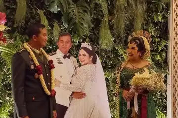 Acara resepsi pernikahan Joy Tobing dan Cahyo Permono digelar di Ballroom Panti Perwira, Balai Sudirman, Tebet, Jakarta Selatan, Minggu (31/10/2021). 