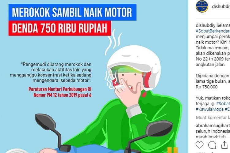 Larangan merokok saat naik motor Peraturan Menteri Perhubungan Nomor 12 Tahun 2019 tentang Perlindungan Keselamatan Pengguna Sepeda Motor ()  