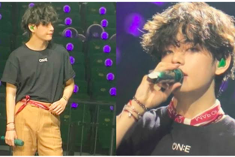Hasil tangkap layar KoreabooGaya V BTS saat menggunakan syal dalam konser bertajuk MAP OF THE SOUL ON: E.