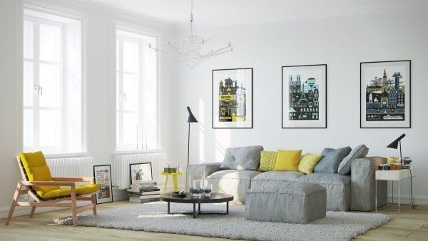 Foto ilustrasi desain interior Scandinavian ornamen warna cerah dan dengan furniture sederhana