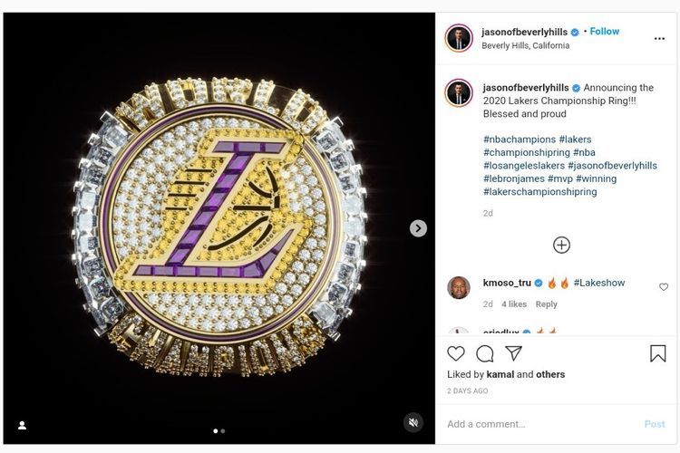 Cincin juara NBA 2019-2020 milik Lakers menyertakan desain dengan 