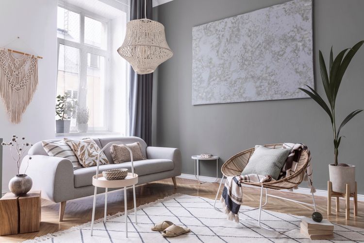 Ilustrasi ruang tamu bergaya urban boho.(SHUTTERSTOCK/FOLLOWTHEFLOW) 