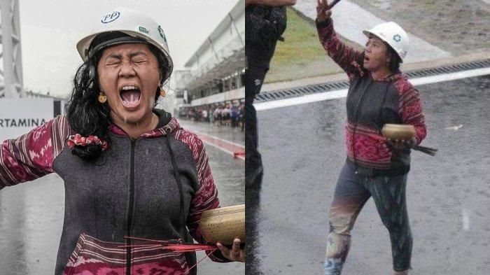 Pawang hujan Rara Isti Wulandari berjalan di depan paddock Sirkuit Mandalika, Minggu 20 Maret 2022  