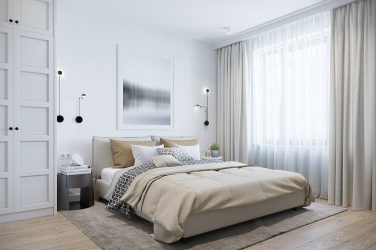 Ilustrasi kamar tidur bergaya Scandinavia modern, ilustrasi tirai di kamar tidur(Shutterstock/Svet_Feo)  