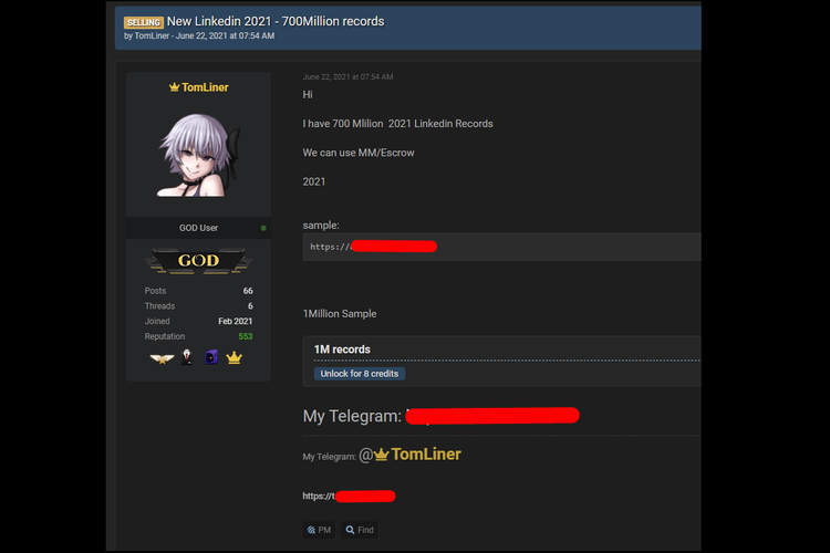 Penjual dengan username GOD mengklaim memiliki data 700 juta pengguna LinkedIn dan dijual di situs RaidForums
