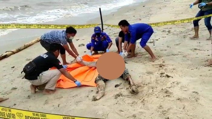 Jajaran Polres Bangka Barat mengevakuasi mayat yang ditemukan di Pesisir Pantai Tembelok, Kecamatan Muntok, Kabupaten Bangka Barat, Selasa (3/1/2023).   
