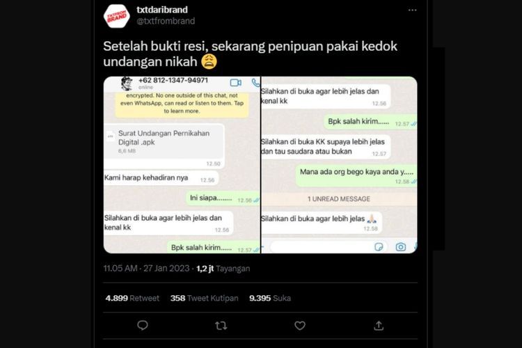 Beredar modus pembobolan m-banking dengan cara mengirimkan dokumen APK melalui WhatsApp dengan dalih menyebarkan surat undangan pernikahan.
