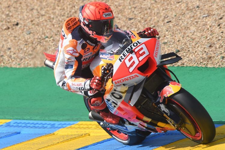 Pebalap Repsol Honda, Marc Marquez, saat tampil pada sesi latihan pertama MotoGP Perancis 2023 di Sirkuit Le Mans, Jumat (12/5/2023) sore WIB.(AFP/JEAN-FRANCOIS MONIER) 