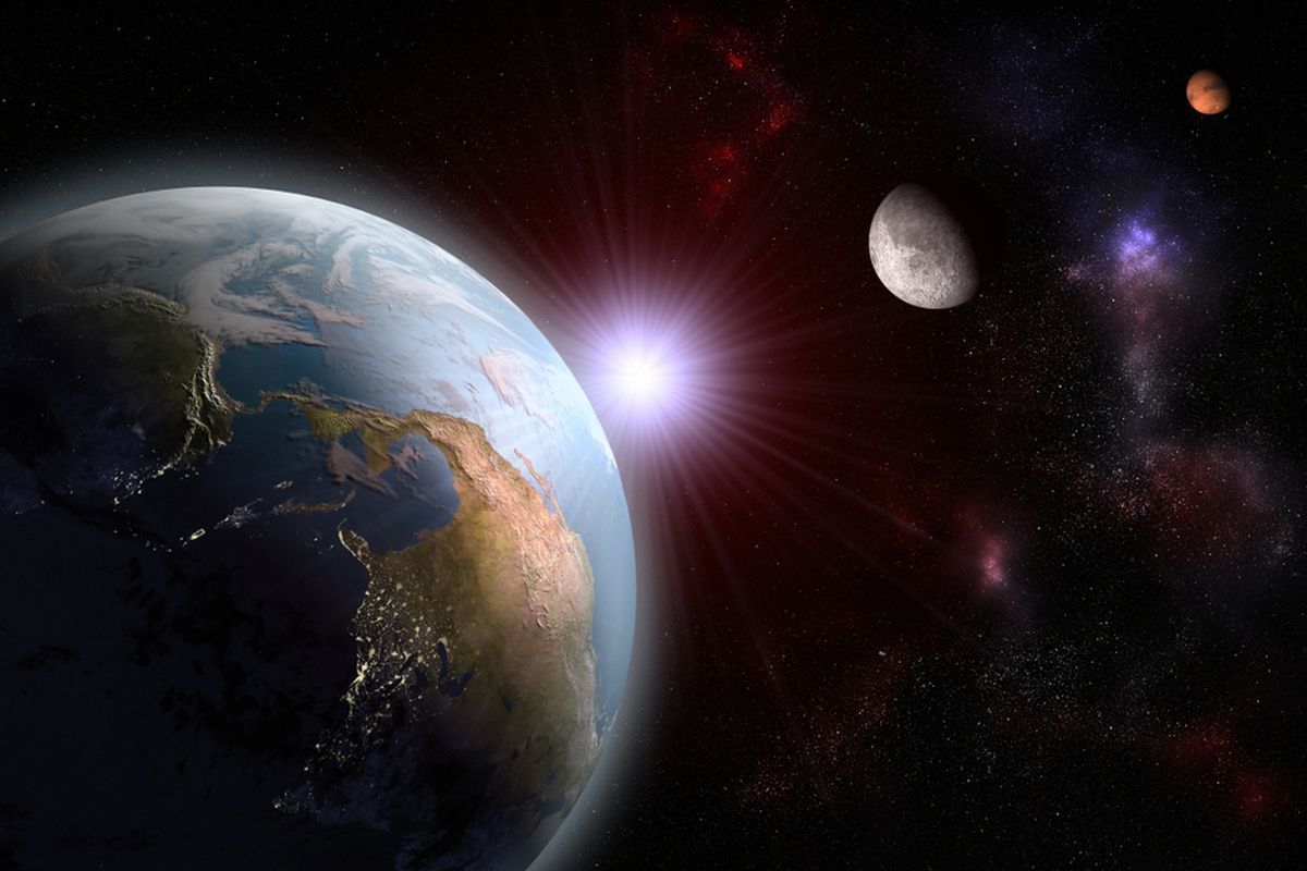 Ilustrasi tripel konjungsi Bulan-Mars-Aldebaran. Fenomena langit ini akan terjadi pekan ini, 19 Maret 2021.  