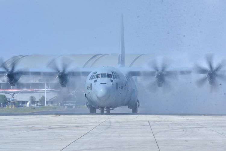 Pesawat Super Hercules C-130J-30 ketiga pesanan Indonesia, telah tiba di Lanud Halim Perdanakusuma, Jakarta Timur, Rabu (9/8/2023). 