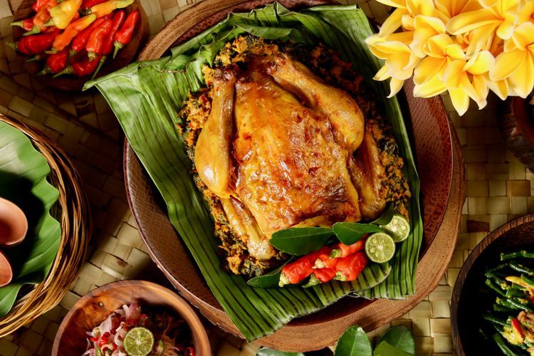 Ilustrasi ayam betutu, sajian khas Bali.   