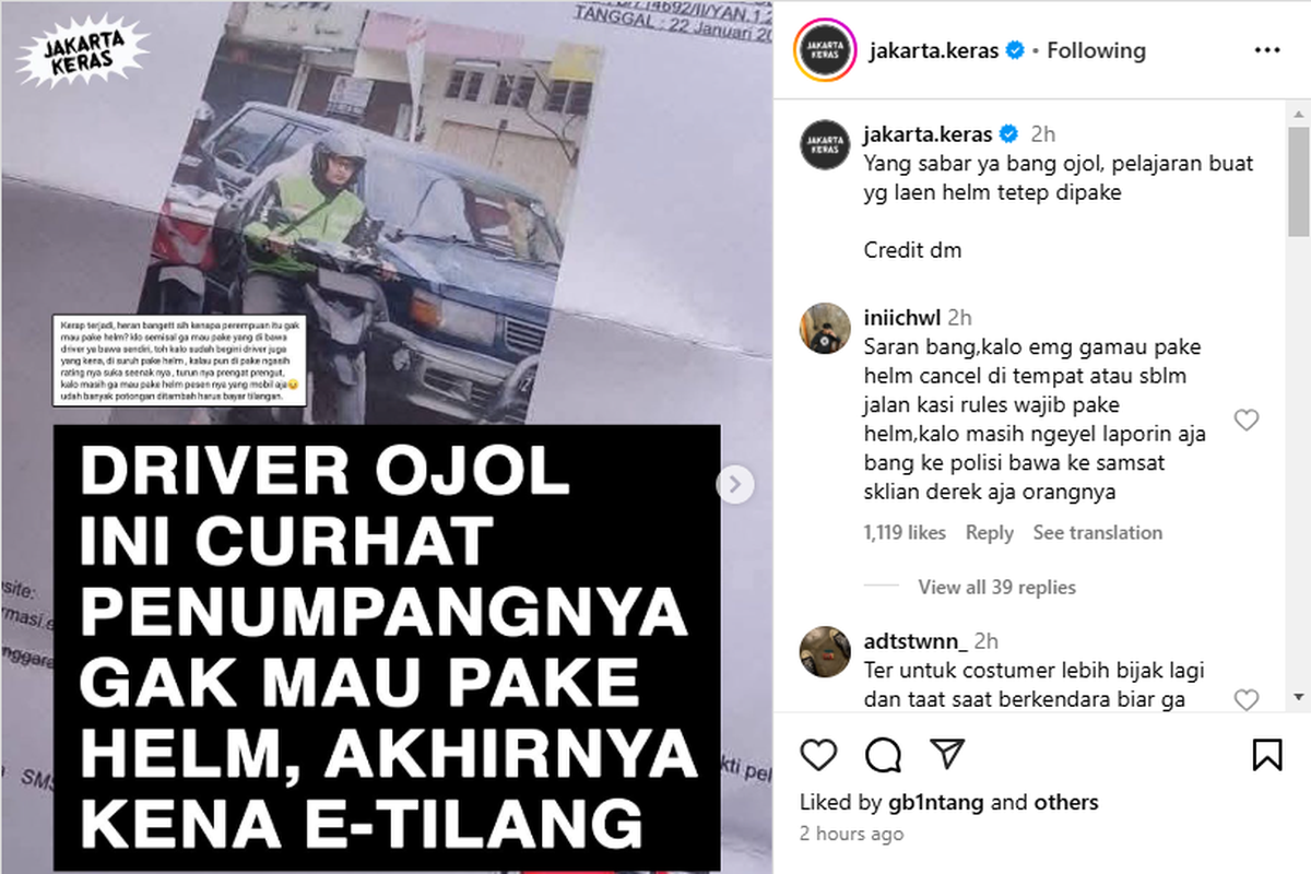 Pengemudi ojol curhat penumpang tidak mau pakai helm dan akhirnya kena tilang elektronik.