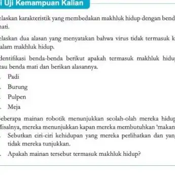 Kunci Jawaban IPA Kelas 7 Halaman 138 tentang Karakteristik Makhluk Hidup dan Benda Mati